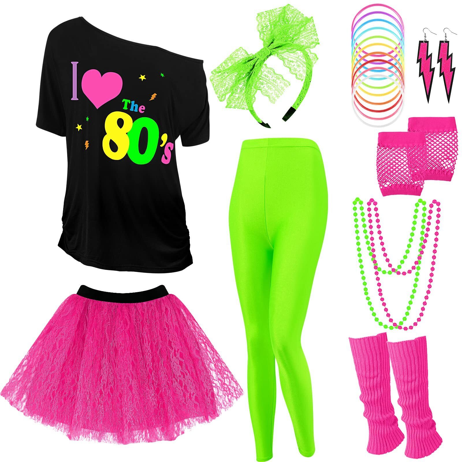 7249 19 Pcs 80s Costume Set T Shirt Leggings Tutu Skirt